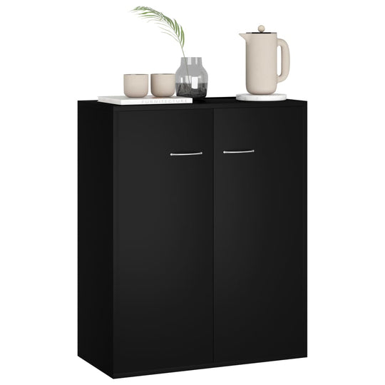 Black sideboard made of engineered wood, featuring minimalist design and ample storage with decorative items on top.