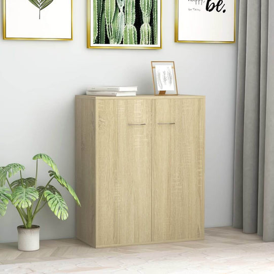 Sideboard in Sonoma Oak finish with two doors, displayed in a modern living room setting with plants and artwork.