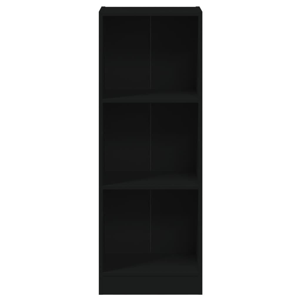 3-tier black book cabinet made of engineered wood, modern design with spacious shelves for storage and display.