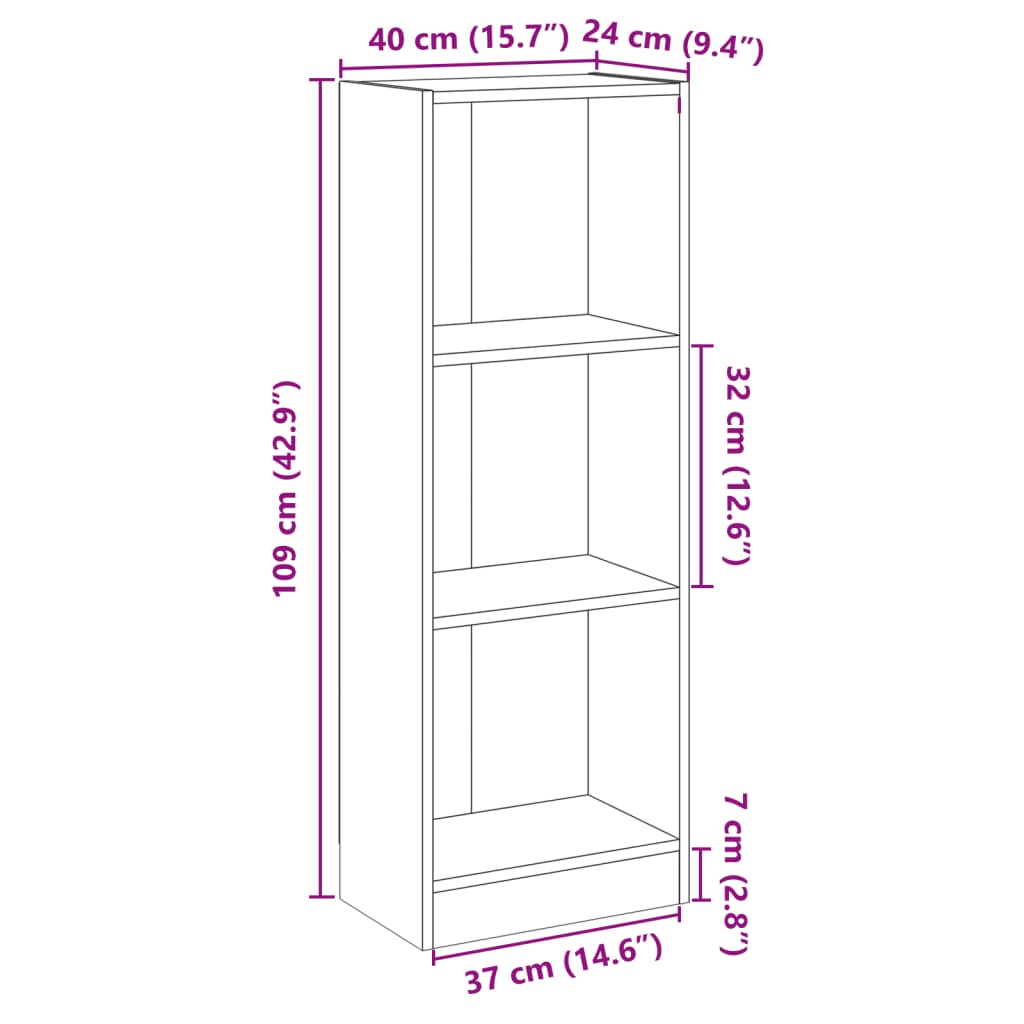 Dimensions of a 3-tier black book cabinet, 40x24x109 cm, engineered wood with three spacious shelves for storage.