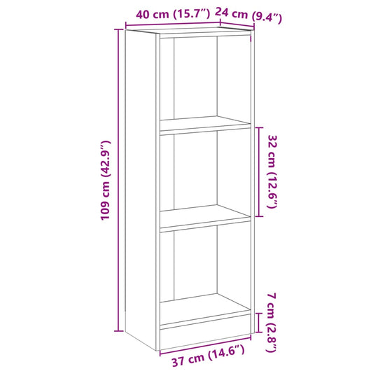 Dimensions of a 3-tier black book cabinet, 40x24x109 cm, engineered wood with three spacious shelves for storage.