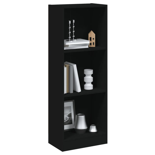 3-Tier Black Book Cabinet made of engineered wood with modern design, perfect for stylish home decor and furniture storage.