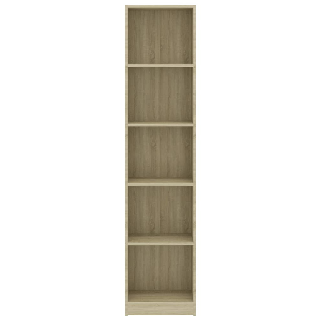 5-tier book cabinet in Sonoma Oak finish, made of engineered wood, designed for books and decor storage.