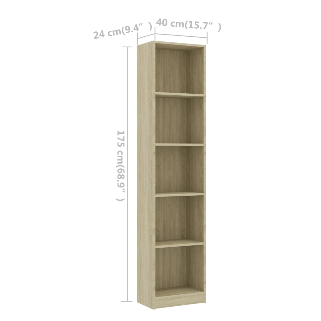 5-tier book cabinet in Sonoma oak, dimensions 175x40x24 cm, made of engineered wood for durability and style.