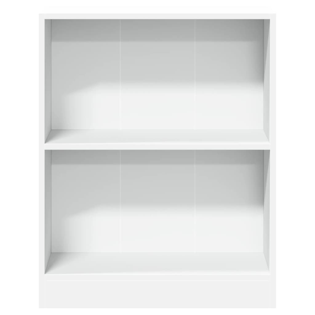 White engineered wood bookshelf with two spacious shelves, ideal for books and decorative items. Dimensions: 60x24x76 cm.