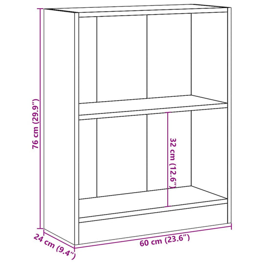 Dimensions of a 60x24x76 cm white bookshelf with 2 shelves for books and decorative items.