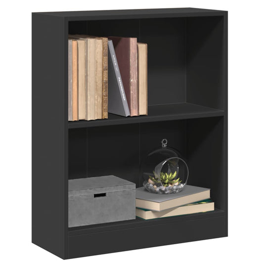 Black engineered wood bookshelf with books and decorative items, ideal for any interior decor.