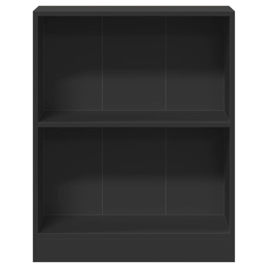 Compact black bookshelf made of engineered wood, featuring two layers for versatile storage in modern interiors.