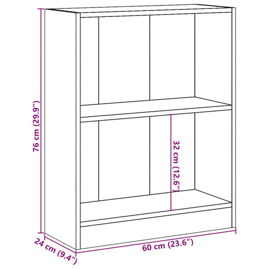 Detailed diagram of a 60x24x76 cm black engineered wood bookshelf with measurements and design features.