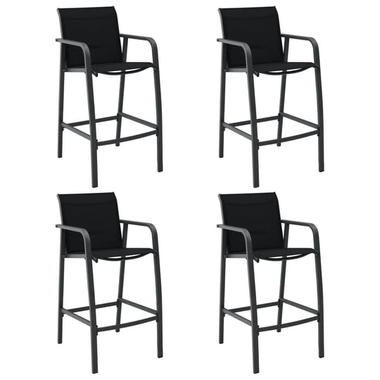 Set of 4 black textilene garden bar chairs with sturdy steel frames, ideal for outdoor furniture on patios and balconies.