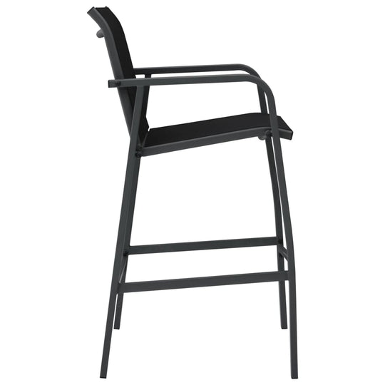 Black textilene garden bar chair with a sturdy steel frame, ideal for outdoor use on patios and balconies.