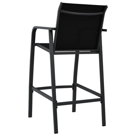 Black textilene garden bar chair with sturdy steel frame, ideal for outdoor furniture on patios or balconies.