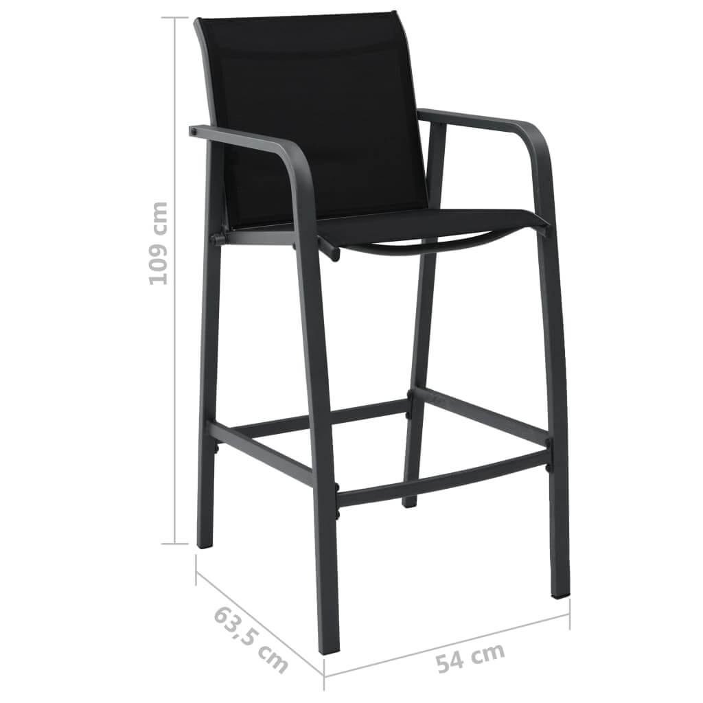 Black textilene garden bar chair with dimensions 109 cm height, 63.5 cm width, and 54 cm depth, ideal for outdoor use.