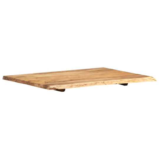 Solid acacia wood tabletop, 80x(50-60)x2.5 cm; perfect for kitchen or outdoor furniture use. Wood features a live edge design.