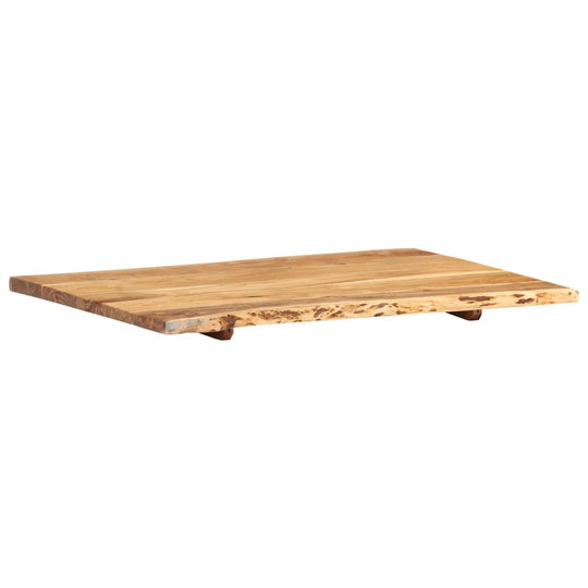 Solid acacia wood tabletop, live edge design, 80x(50-60)x2.5 cm, perfect for kitchen or outdoor furniture.