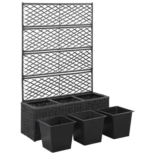 Trellis Raised Bed with 3 Pots 83x30x130 cm Poly Rattan Black