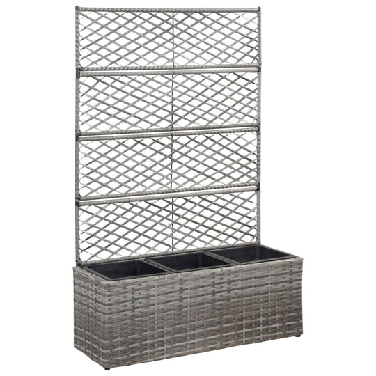 Trellis Raised Bed with 3 Pots 83x30x130 cm Poly Rattan featuring removable pots and built-in trellis.