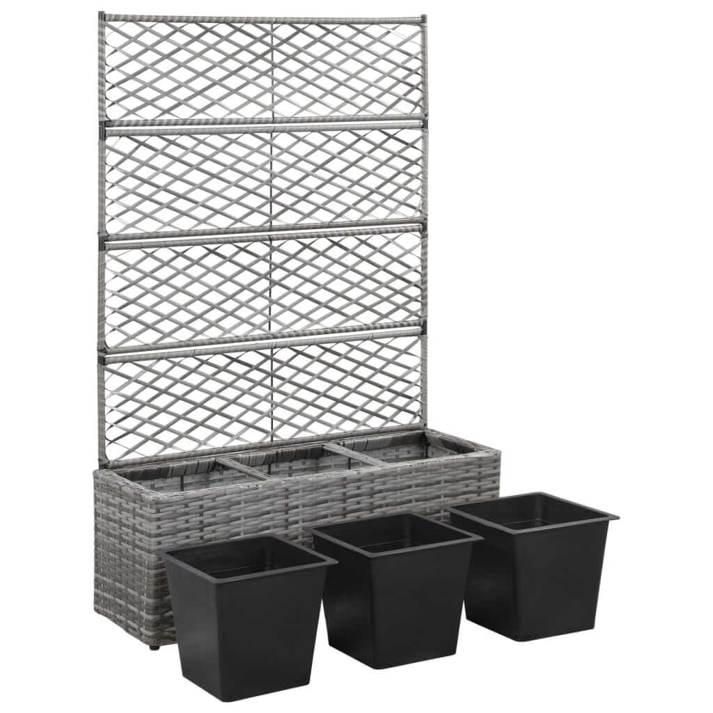 Trellis Raised Bed with 3 Pots 83x30x130 cm Poly Rattan featuring a trellis and removable pots for outdoor gardening.