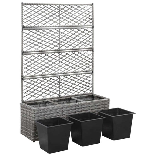 Trellis Raised Bed with 3 Pots 83x30x130 cm Poly Rattan featuring a trellis and removable pots for outdoor gardening.