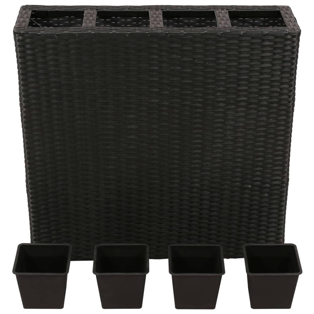 Black poly rattan garden raised bed with 4 removable plastic pots, perfect for outdoor furniture and gardening.