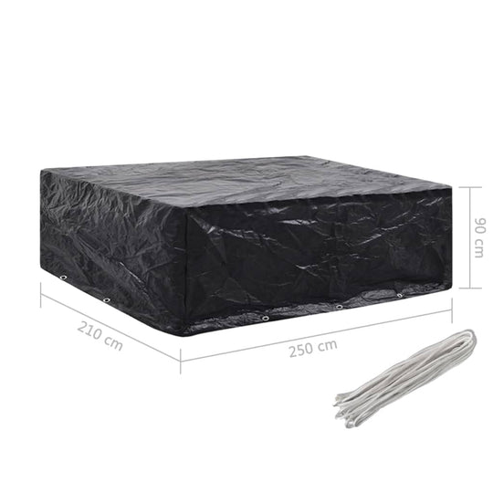 Durable black garden furniture cover with dimensions 250x210x90 cm and fastening ropes for outdoor furniture protection.