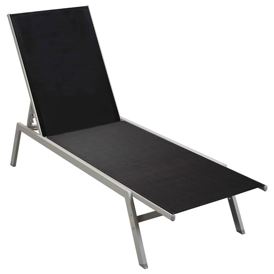 Stylish black sun lounger with steel frame and textilene upholstery for outdoor relaxation. Ideal for gardens or campsites.