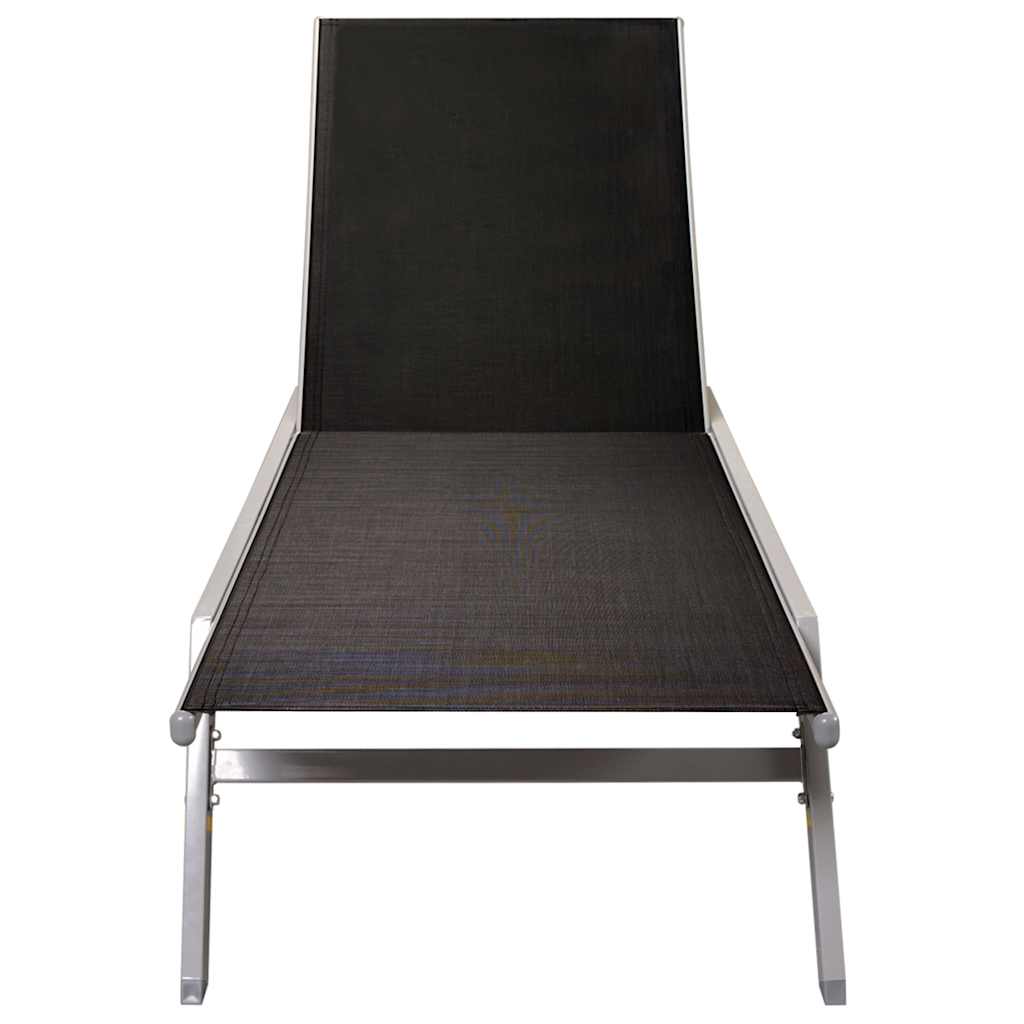 Stylish black textilene sun lounger with a sturdy steel frame for outdoor relaxation and leisure.