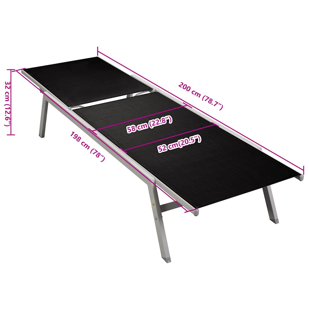 Dimensions of a black sun lounger with sturdy steel frame, measuring 200 cm x 58 cm, ideal for outdoor comfort.