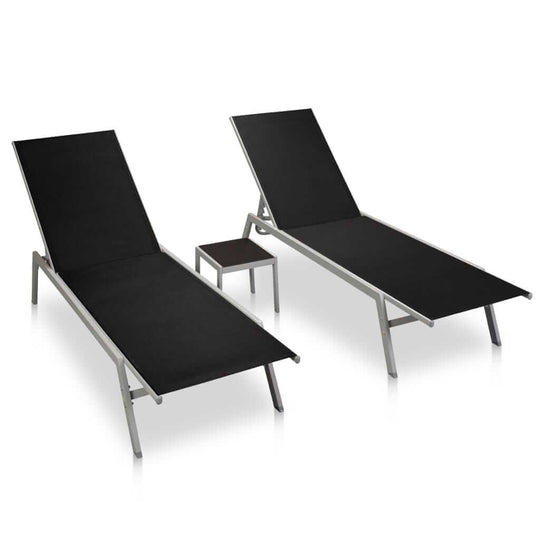  Sun Loungers Two black sun loungers and a matching table, perfect outdoor furniture set for relaxing in the garden or by the pool.