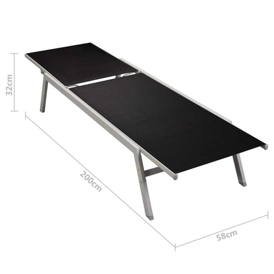 Sun Loungers Black sun lounger with steel frame, dimensions 200cm x 58cm x 32cm, ideal for outdoor furniture setups.