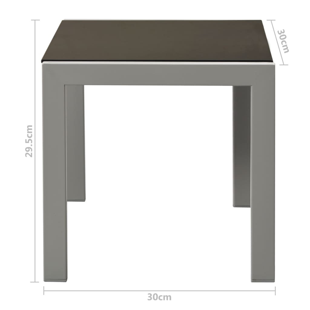 Outdoor furniture small table with glass top, 30cm height and width, ideal for sun loungers or garden use.