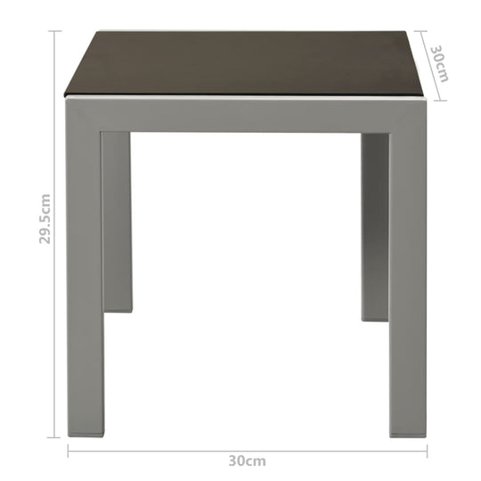 Outdoor furniture small table with glass top, 30cm height and width, ideal for sun loungers or garden use.