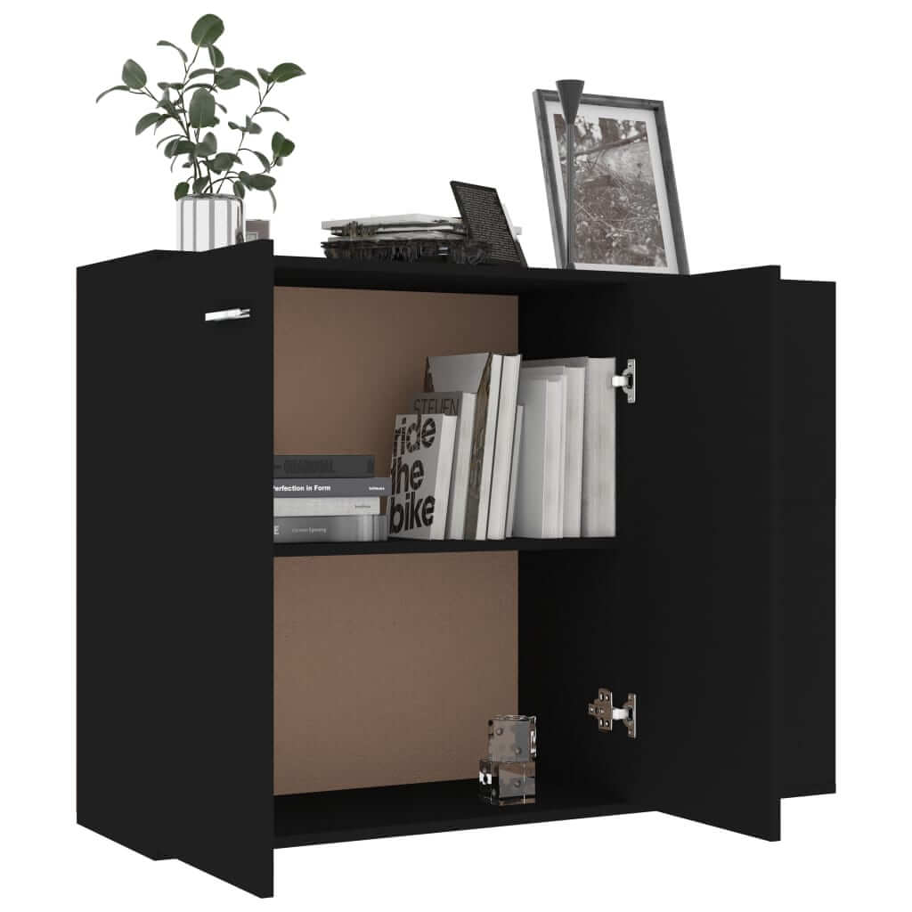 Minimalist black sideboard with storage and decorative items, featuring 3 doors and 2 drawers, ideal for home decor.