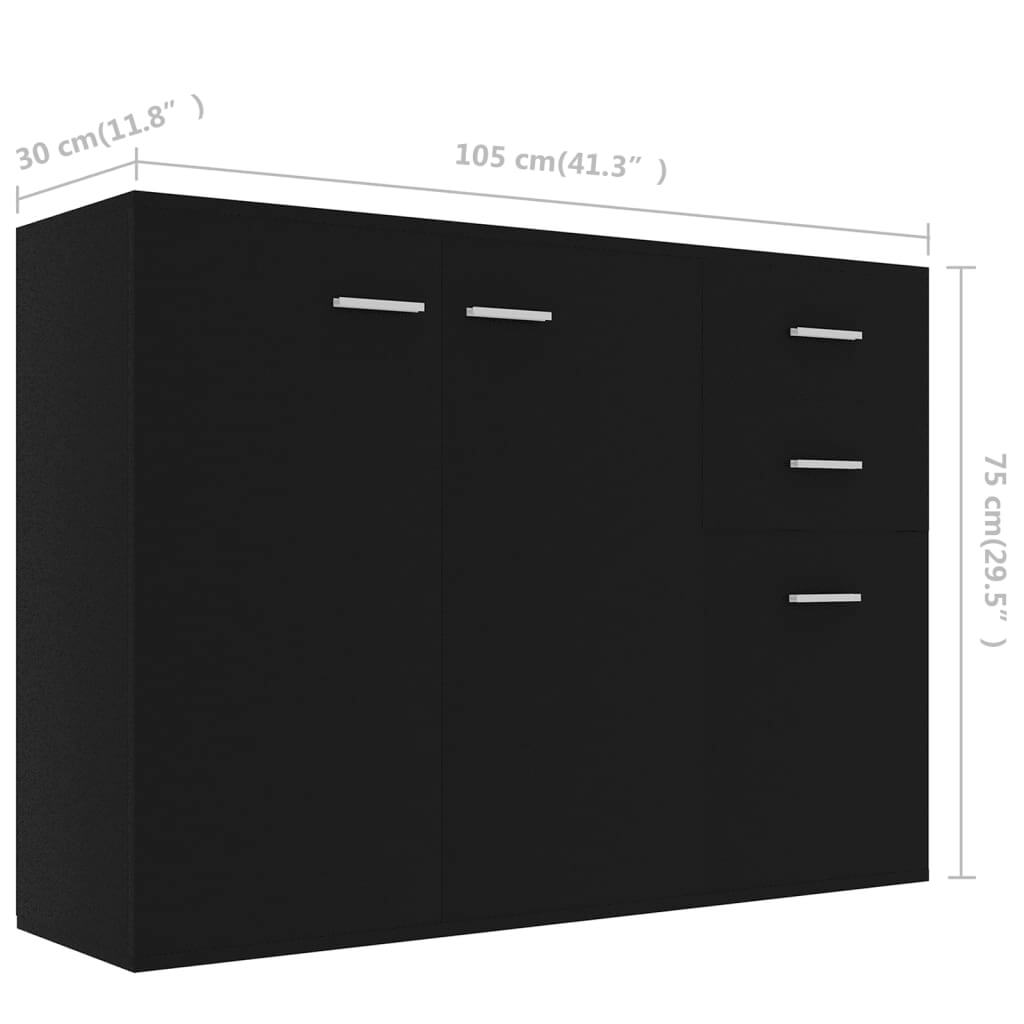 Black sideboard in engineered wood, measuring 105x30x75 cm, with 3 doors and 2 drawers for storage and display.