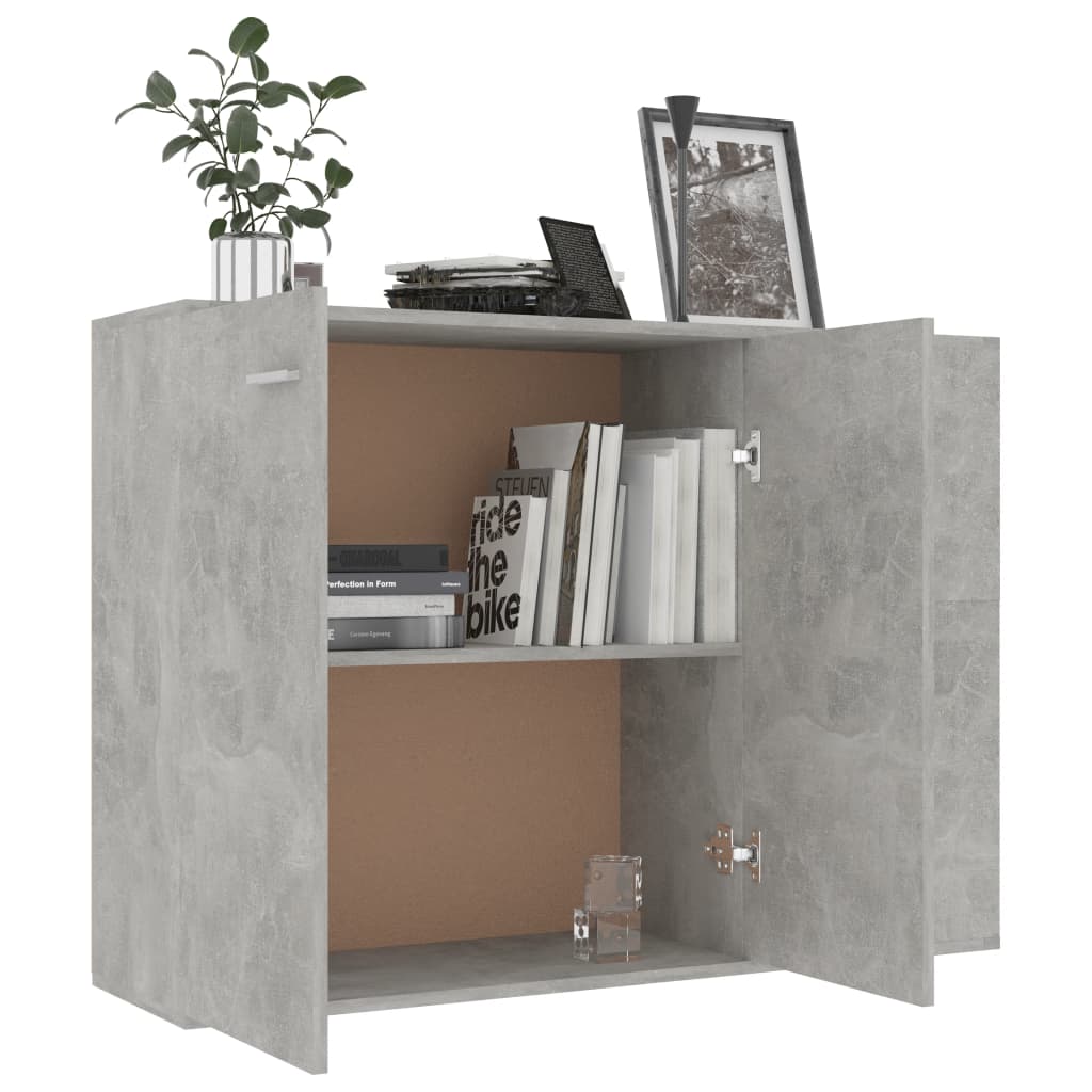 Concrete grey sideboard with open shelves, books, and decorative items, ideal for minimalist home furniture.