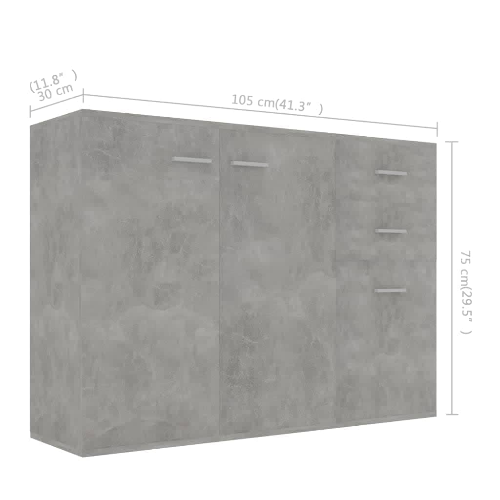 Sideboard in concrete grey, dimensions 105x30x75 cm, featuring 3 doors and 2 drawers for ample storage space.