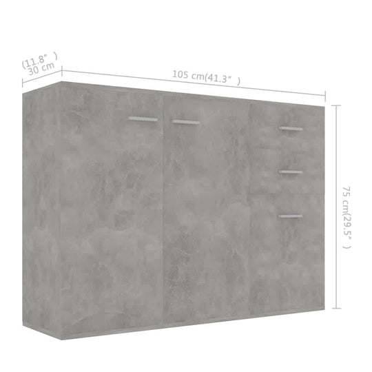 Sideboard in concrete grey, dimensions 105x30x75 cm, featuring 3 doors and 2 drawers for ample storage space.