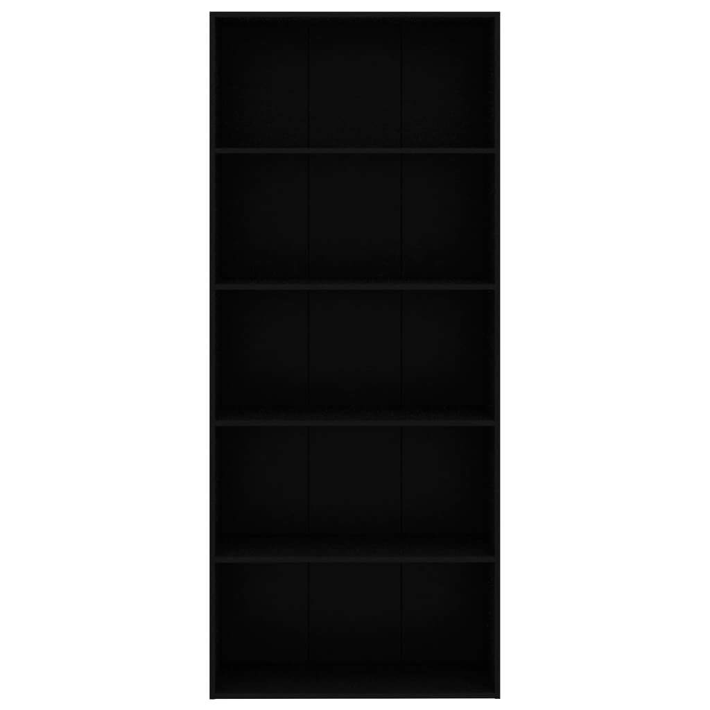 Black 5-tier book cabinet made of engineered wood, modern furniture for stylish home decor and ample storage.