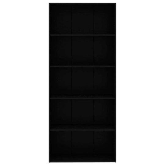 Black 5-tier book cabinet made of engineered wood, modern furniture for stylish home decor and ample storage.