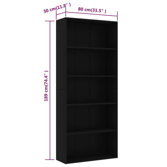 Black 5-tier book cabinet dimensions 80x30x189 cm, made of engineered wood, ideal for modern furniture decor.