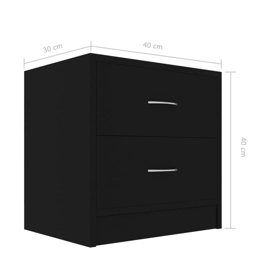 Black bedside cabinet with two drawers, dimensions 40x30x40 cm, made of sturdy engineered wood for versatile storage.