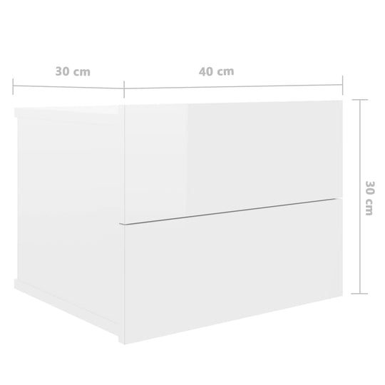 Bedside cabinet dimensions 40x30x30 cm, high gloss white finish, engineered wood, featuring two drawers for storage.