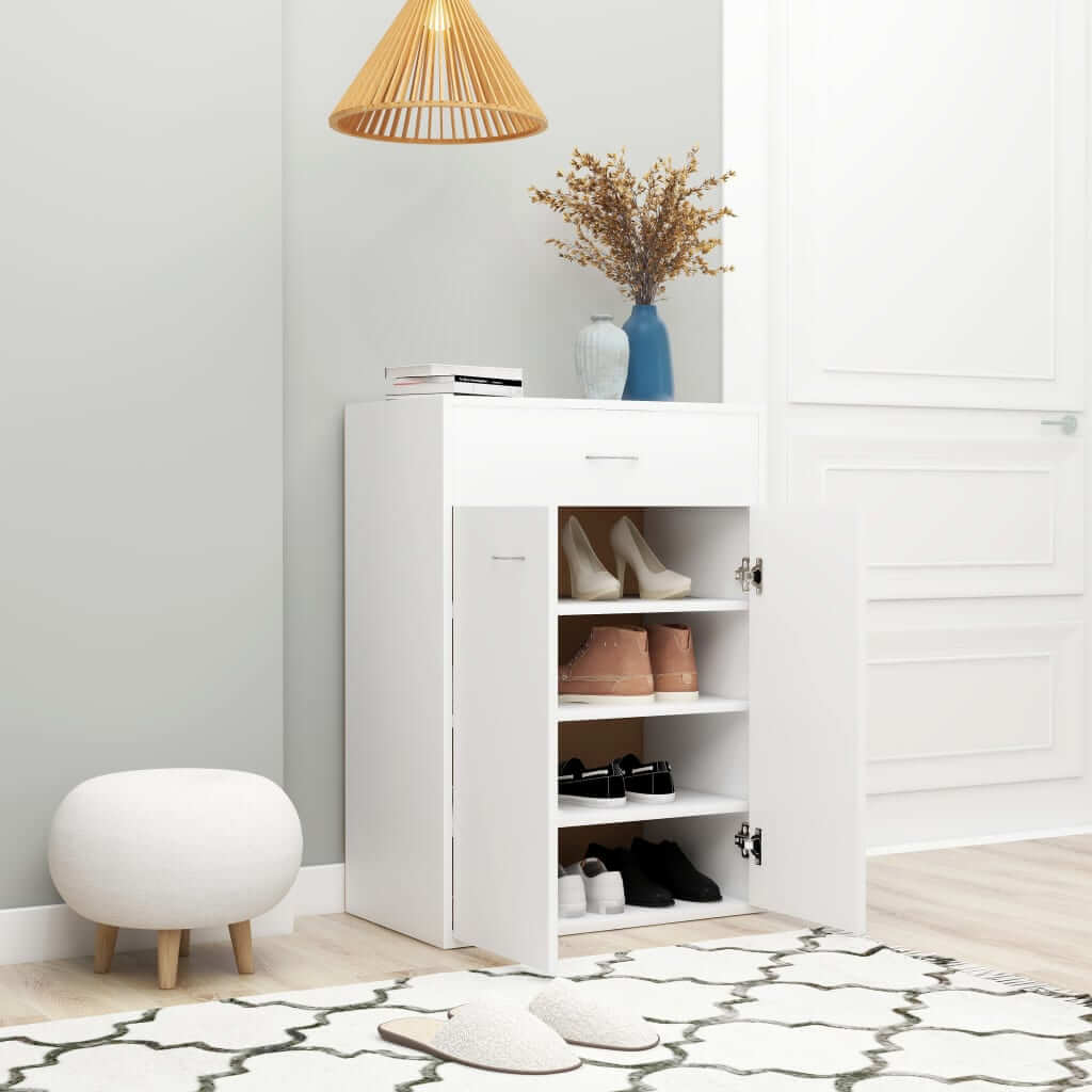 White shoe cabinet with drawer and shelves in modern living space, perfect for organized shoe storage and decor.