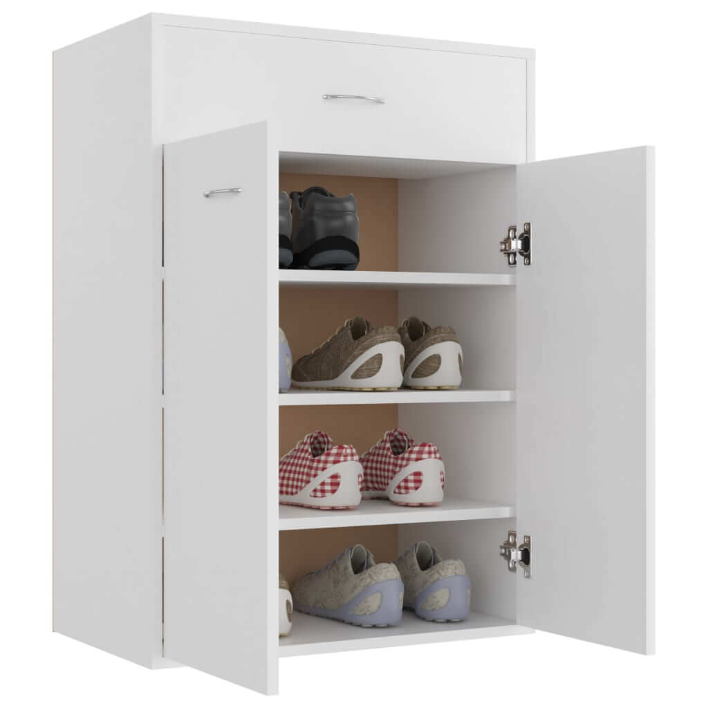 Shoe cabinet in white engineered wood, featuring a drawer, two doors, and four shelves for organized storage.