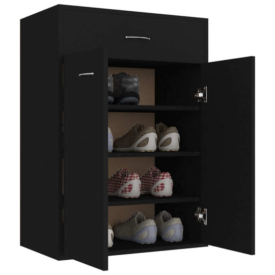 Shoe cabinet in black engineered wood with drawer, two doors, and four shelves for organized shoe storage.