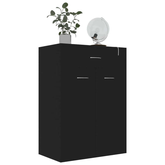 Black shoe cabinet made of engineered wood with 2 doors, drawer, and decorative plant on top. 60x35x84 cm dimensions.