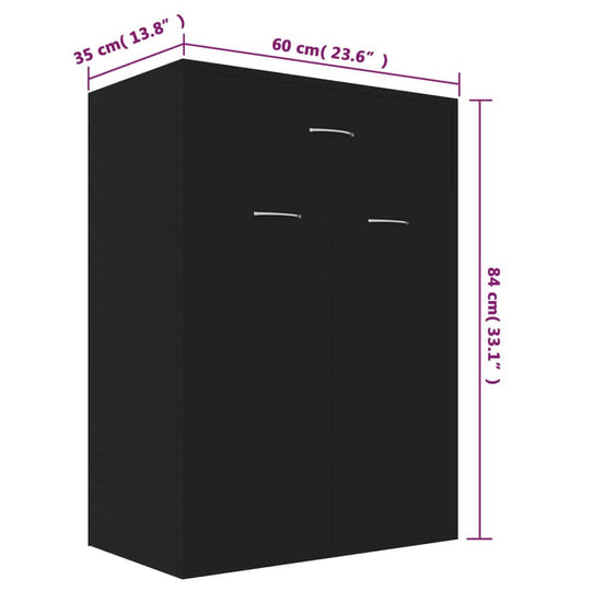 Black shoe cabinet dimensions 60x35x84 cm, featuring 2 doors, a drawer, and ample storage for shoes and accessories.