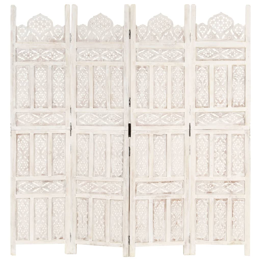 Hand carved 4-Panel Room Divider 160x165 cm Solid Mango Wood with intricate patterns and a white finish.