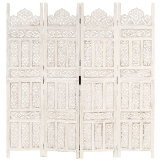 Hand carved 4-Panel Room Divider 160x165 cm Solid Mango Wood with intricate patterns and a white finish.