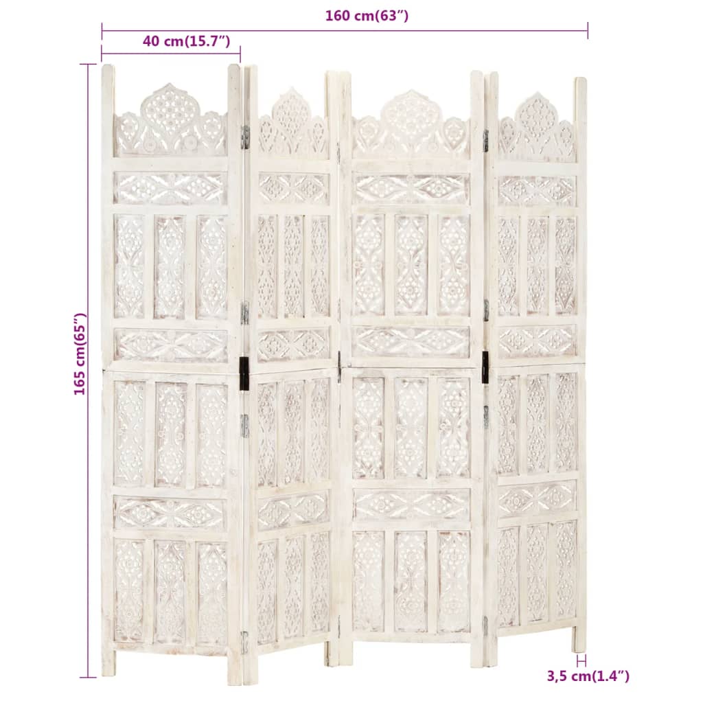 Hand carved 4-Panel Room Divider 160x165 cm Solid Mango Wood showcasing intricate patterns and dimensions.